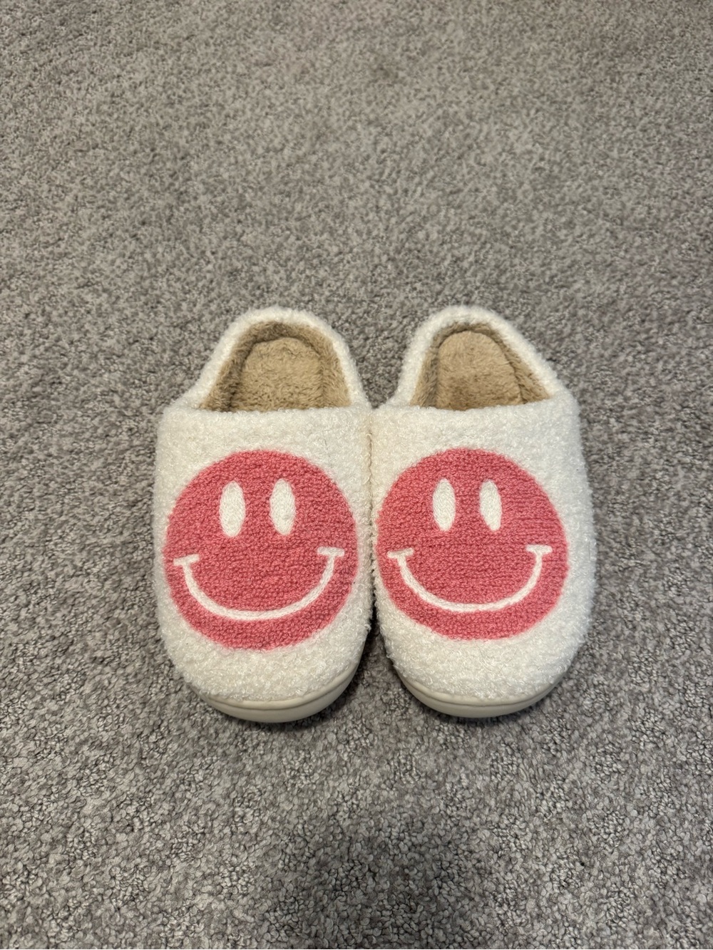 Cozy White Fuzzy Slippers with Pink Smiley Faces